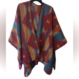 Southwestern Design Wool Blend Shawl Boho Hippie Cape Poncho‎ Wrap OSFM